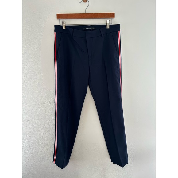 ZARA Woman Navy Trousers Red and White Side Stripe Size 6 - Picture 1 of 11